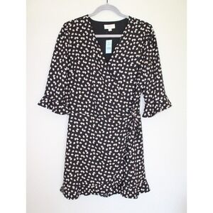 Loft Woman's Dress Romper Short Floral Print Tie Waist Black Short Sleeve 8P